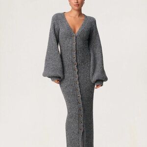 Adore Charcoal Gray Ribbed Button-Front Maxi Dress